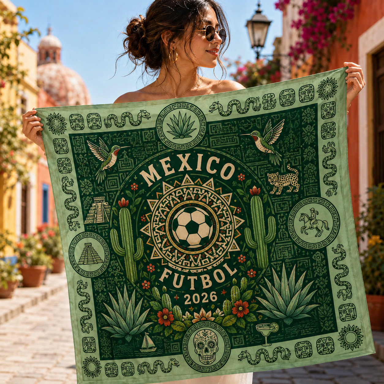 Mexico Soccer Satin Scarf, FMF Silk Feel Bandana, Mexico Football Fan Gift, Aztec Inspired Scarf, Green Mexican Hair Scarf, Soccer Accessory. SSPETAL5