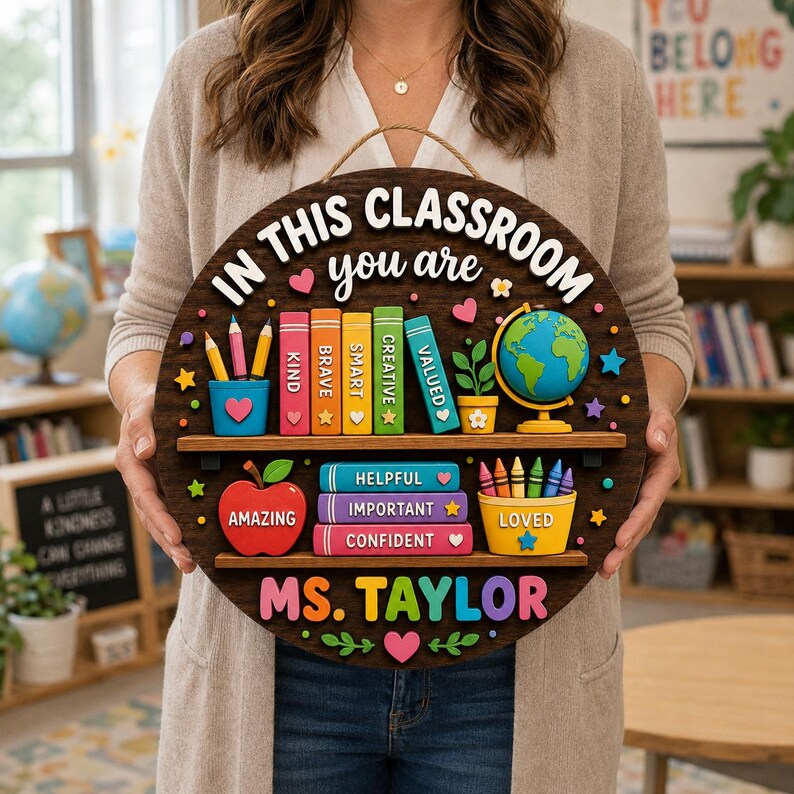 Custom Teacher 3D Door Welcome Hanger | Personalized Wooden Classroom Name Sign | Back to School Gift for Teacher | Desk Name Plate. DHPETAL04