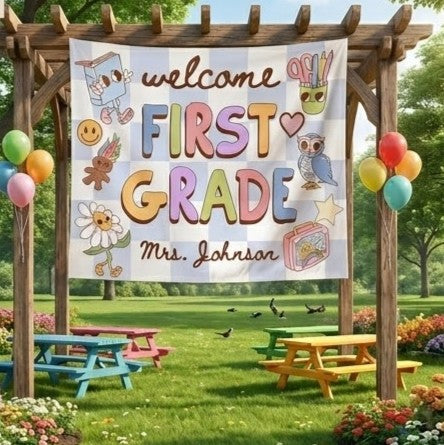 Custom First Grade Classroom Poster or Banner, Retro Classroom Decor, Elementary Teacher Pastel Wall Art, Back to School. CBPETAL18