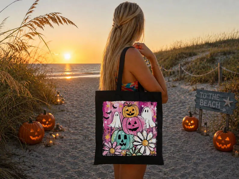 Happy Halloween Tote Bag Spooky Ghosts Canvas Handbag Gothic Haunted House Shoulder Shopping Bag Glowing Full Moon Graveyard Autumn Gift. HLWTBPETAL7