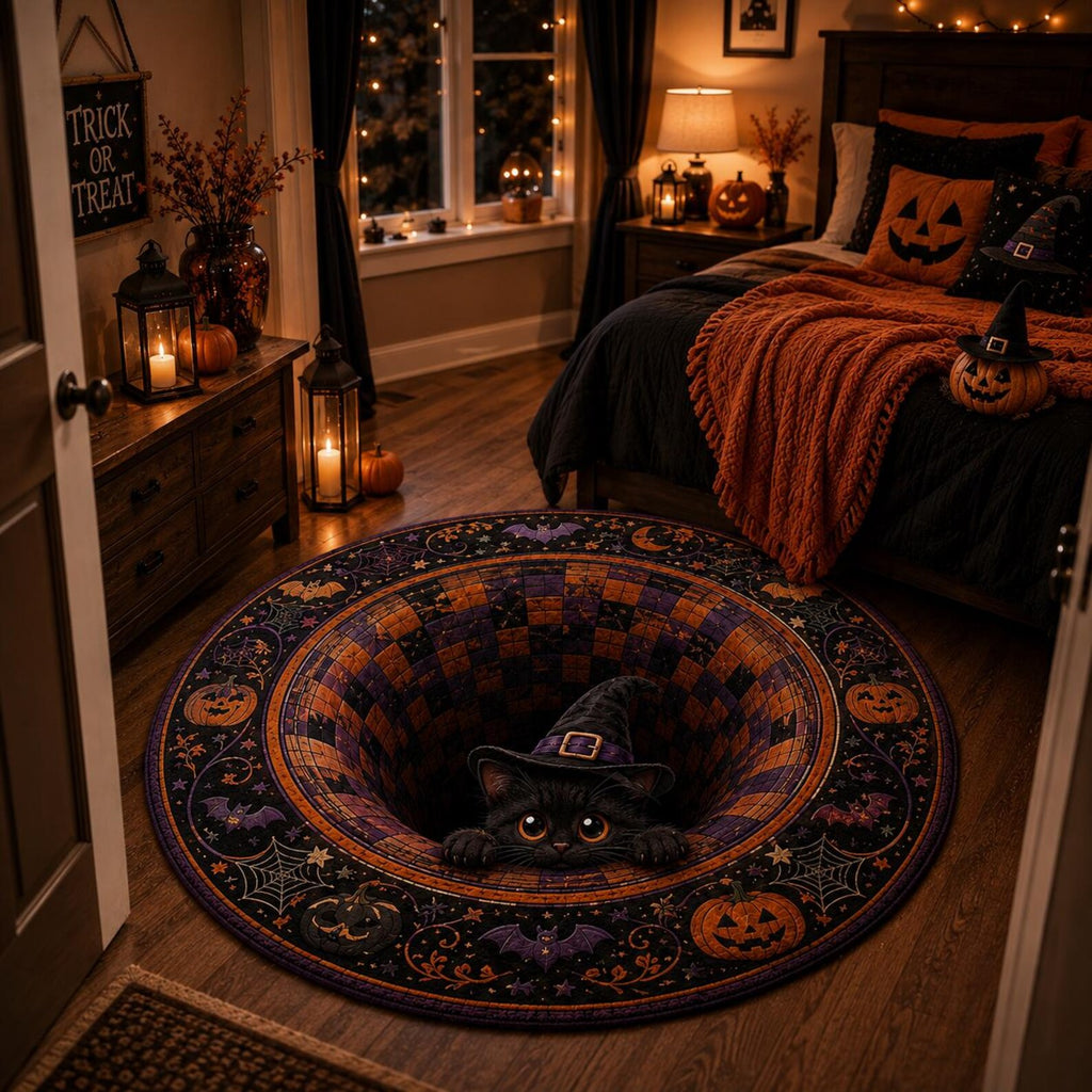 Black Cat Halloween Circle Rug, 3D Illusion Quilted Pumpkin Cat Hole Floor Mat, Witchy Floor Carpet Gift for Halloween. QRPETAL34