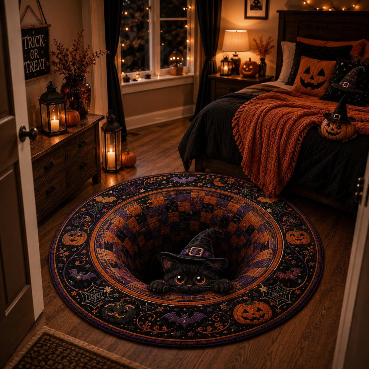 Black Cat Halloween Circle Rug, 3D Illusion Quilted Pumpkin Cat Hole Floor Mat, Witchy Floor Carpet Gift for Halloween. QRPETAL34