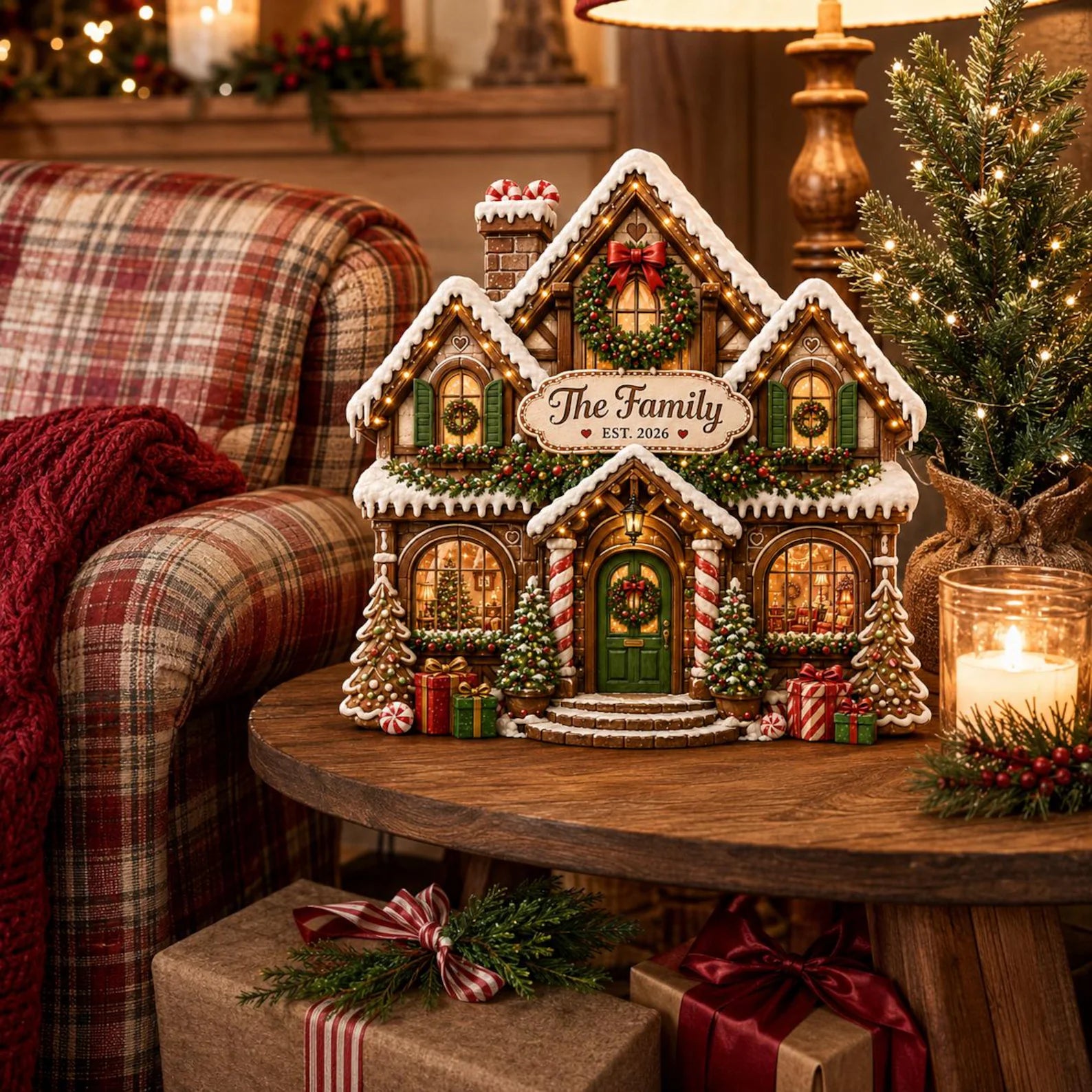 Personalized Christmas Gingerbread House Wooden Block, Custom Family Name Sign, Festive Mantel Decor, Holiday Housewarming Gift, Xmas Decor. WBPETAL13