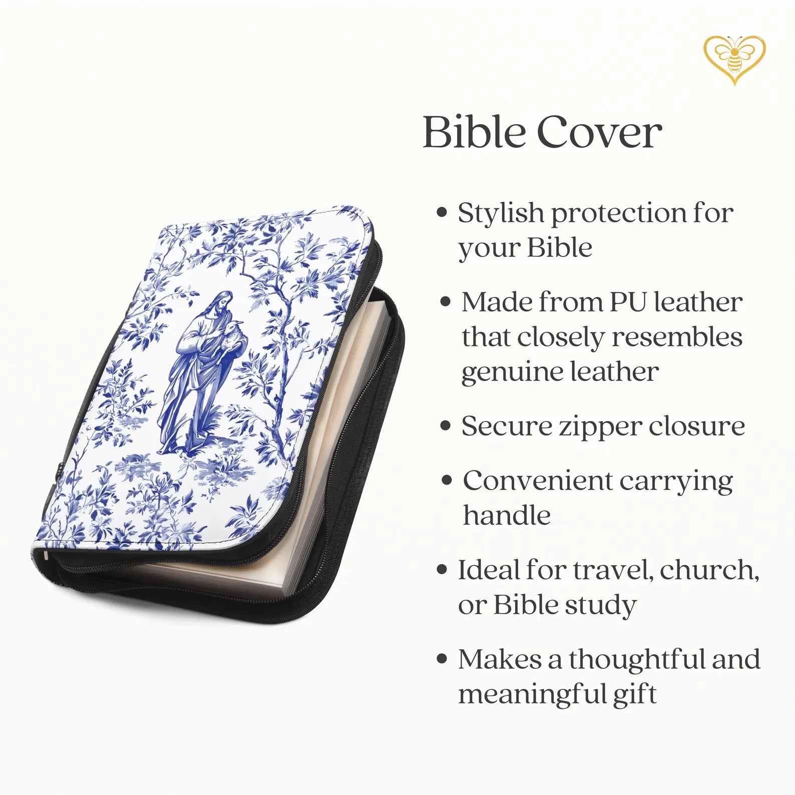 Jesus and Lost Lamb Blue Toile Bible Cover, Christian Bible Case with Handle, Jesus Lost Sheep French Toile Notebook Case Faith Gift for Mom. BCPETAL20