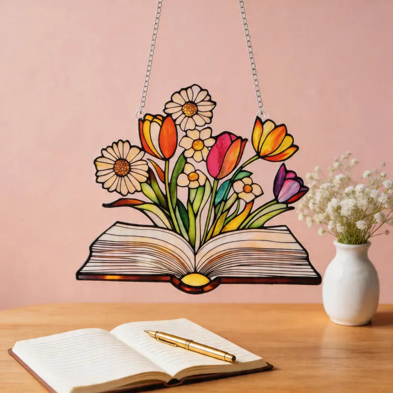 Stained Glass Book Suncatcher, Floral Book Lover Gift, Reading Nook Decor, Window Hanging Glass Art, Teacher Gift, Library Decor. SUNPETAL12