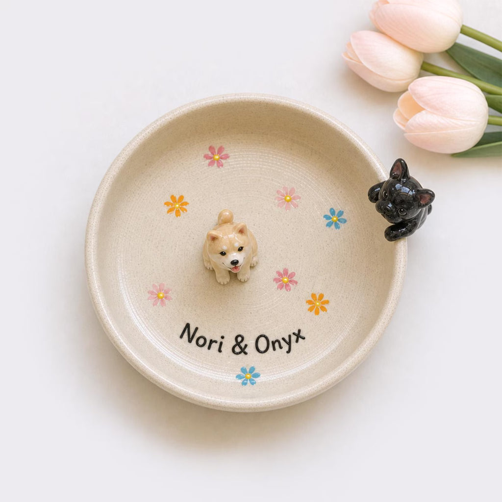 Personalized Ceramic Pet Ring Dish, Handmade 3D Dog Cat Figure, Star Pattern Jewelry Tray. CPPETAL15