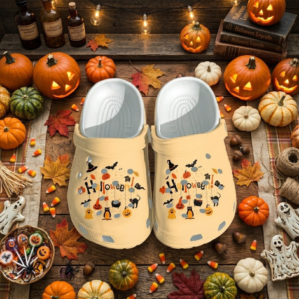 Cute Halloween Clogs – Pumpkin Ghost Black Cat Fall Shoes. Happy Halloween Ghost Pumpkin. CLPETAL06