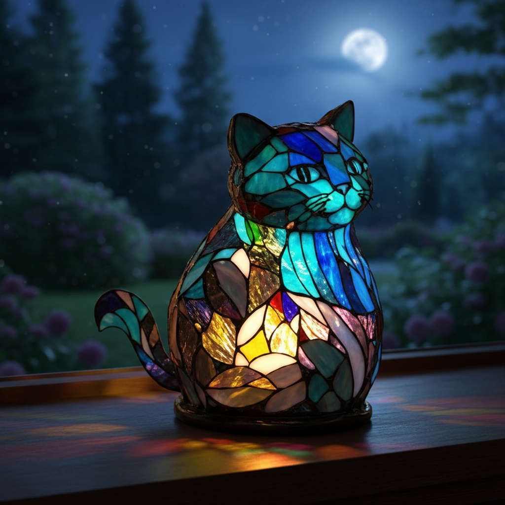 Colorful Cat LED Night Light, Acrylic Plastic Cat Table Lamp, Artistic Mosaic Style Night Lamp, Cozy Bedroom Decor, Cute Pet Lover Gift