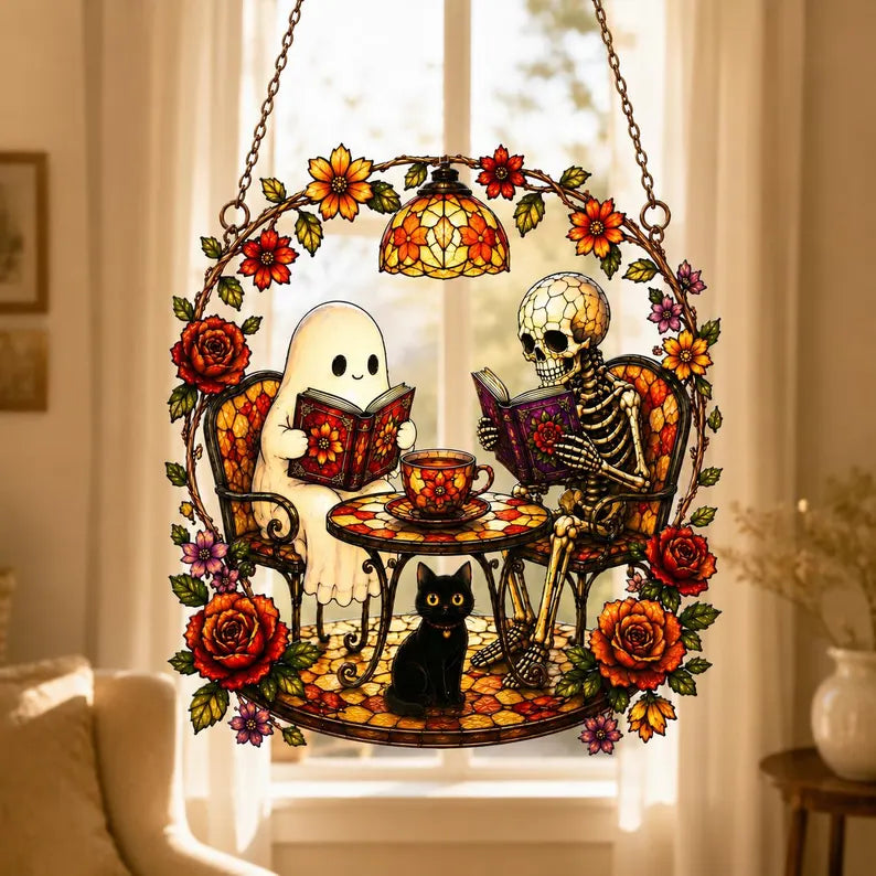 Ghost and Skeleton Reading Book Acrylic Suncatcher, Black Cat in Teacup, Books Lover. HSPETAL14