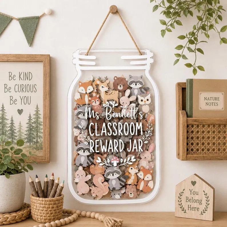 Personalized Woodland Animal Reward Jar, Wooden Forest Theme Classroom Incentive, Custom Nature Token Board for Kids, Back to School Gift. RJPETAL03