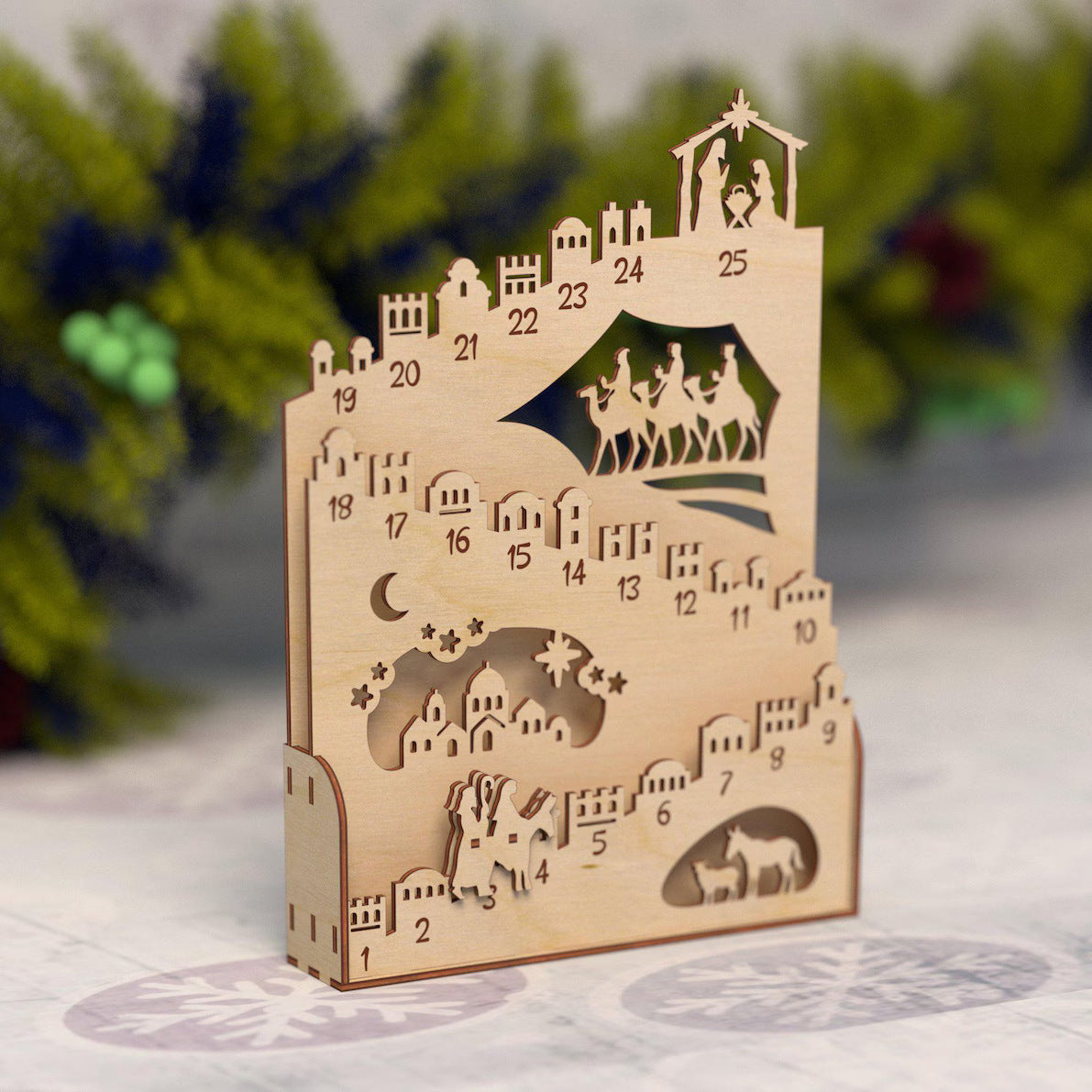 Wooden Nativity Advent Calendar with Warm Light, 25-Day Christmas Countdown Holy Family Decor – ACPETAL04