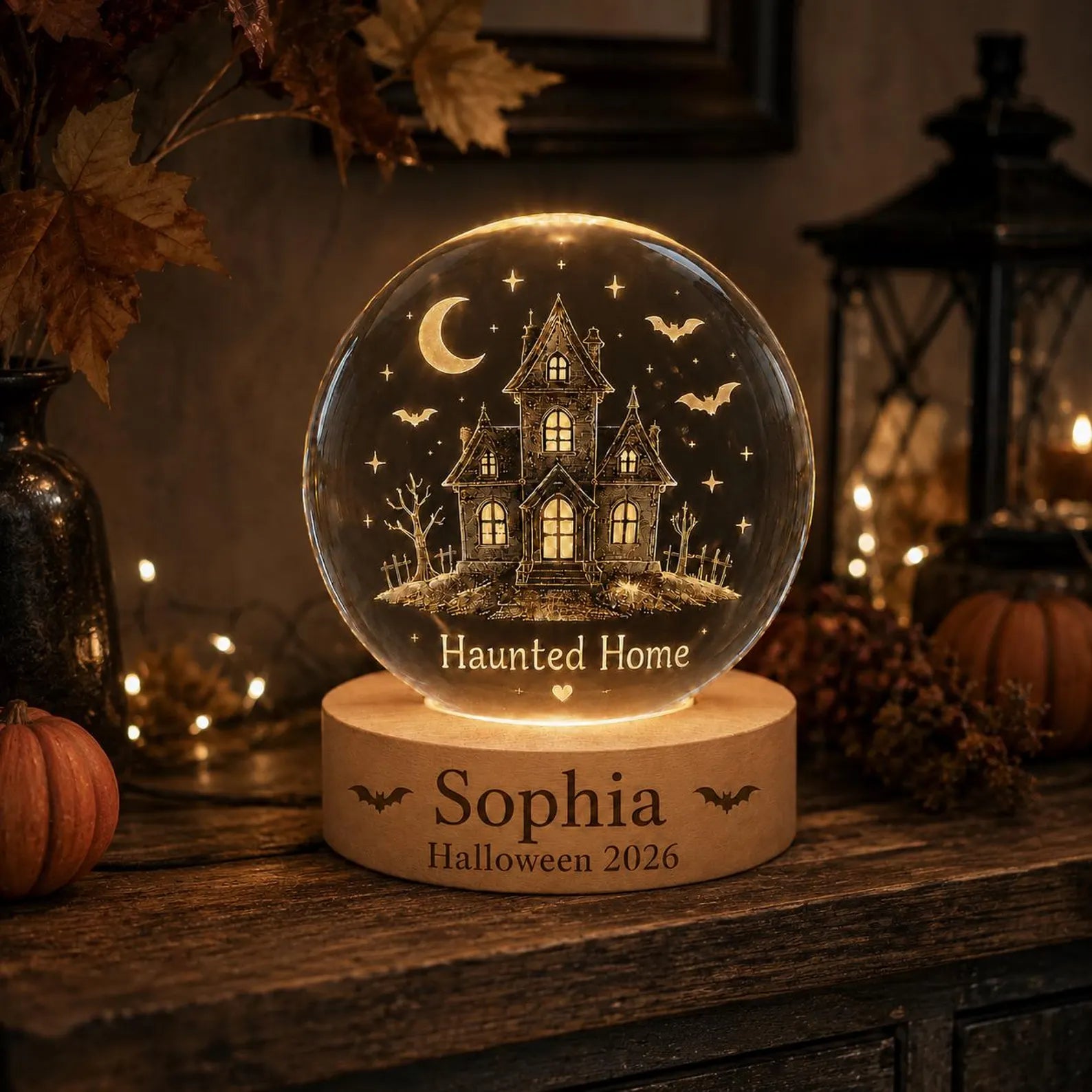 Personalized Haunted House Crystal Ball Night Light, Halloween Decor, Custom Name Spooky Lamp, Witchy Gift, Cozy Fall Bedroom Decor. LEDPETAL11