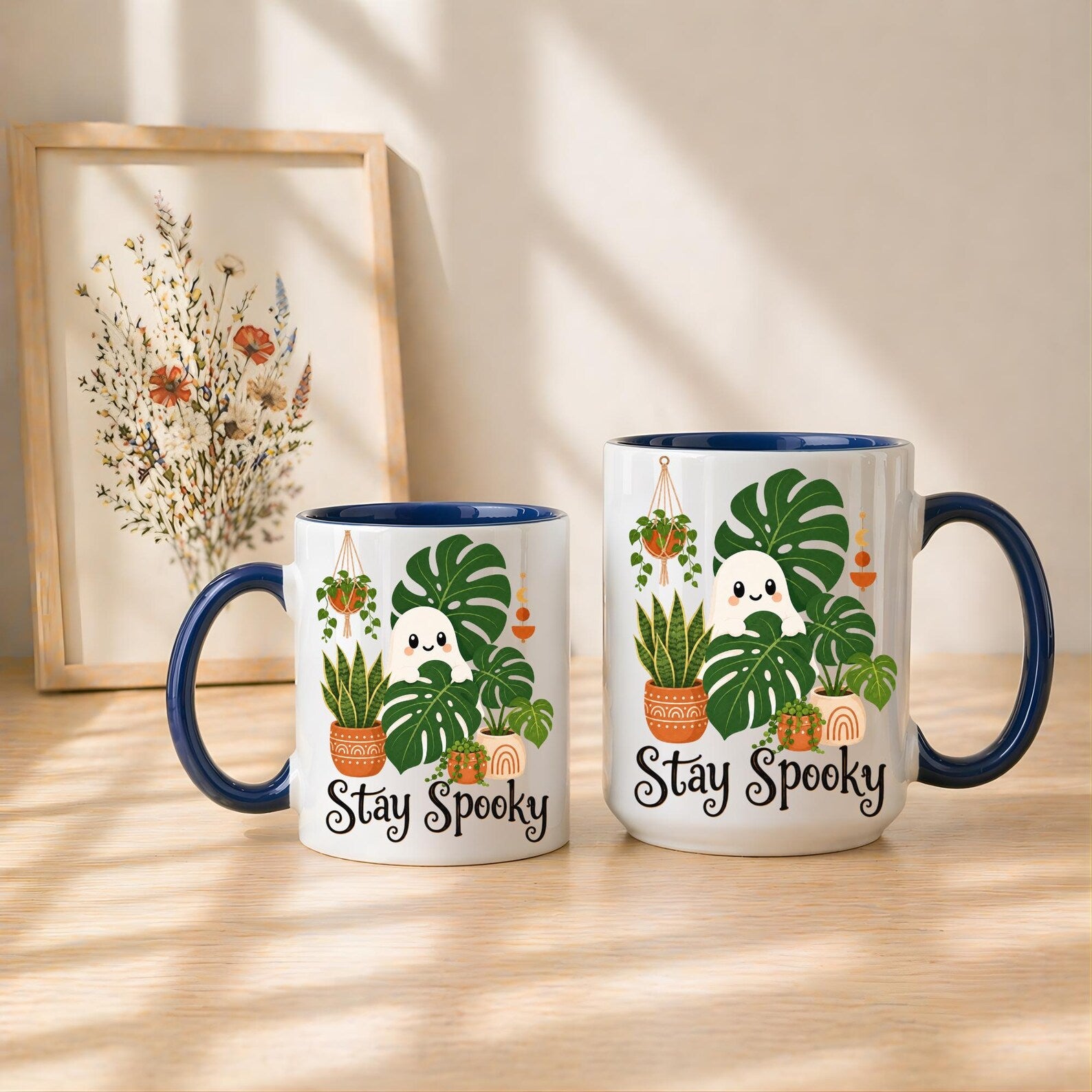 Stay Spooky Plant Ghost Mug – Cute Halloween Coffee Mug, Spooky Season Ceramic Cup, Plant Lover Halloween Gift, Ghost Mug with Black Handle. MPETAL7