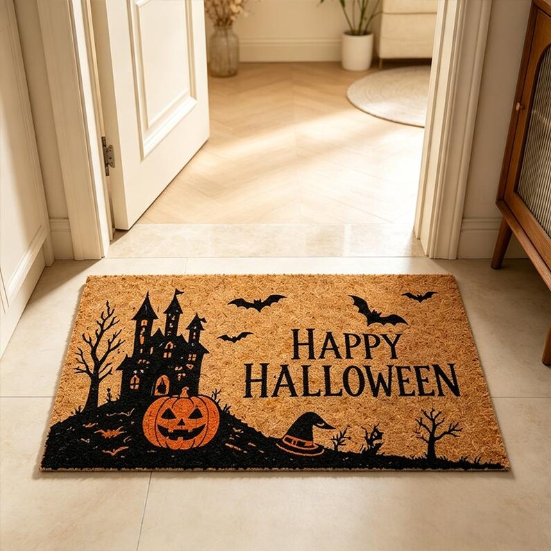 Happy Halloween Haunted House Doormat,Spooky Pumpkin & Bat Entry Rug,Halloween Front Door Decor,Retro Haunted Castle Halloween Doormat. DMPETAL9