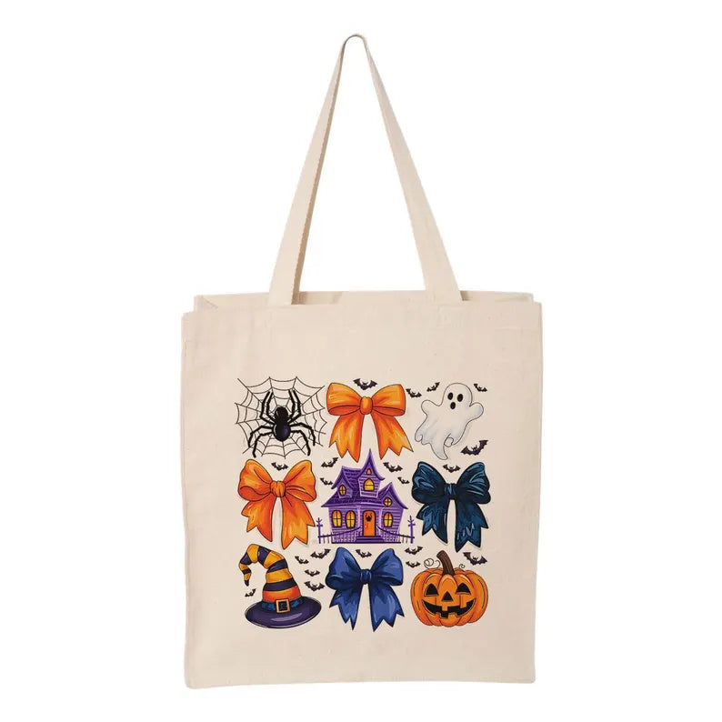 Halloween Coquette Pumpkin Ghost Canvas Tote Bag, Cute Spooky Travel Bag, Rustic Halloween Gift For Her, Cute Trick or Treat Tote for Mama. HLWTBPETAL15