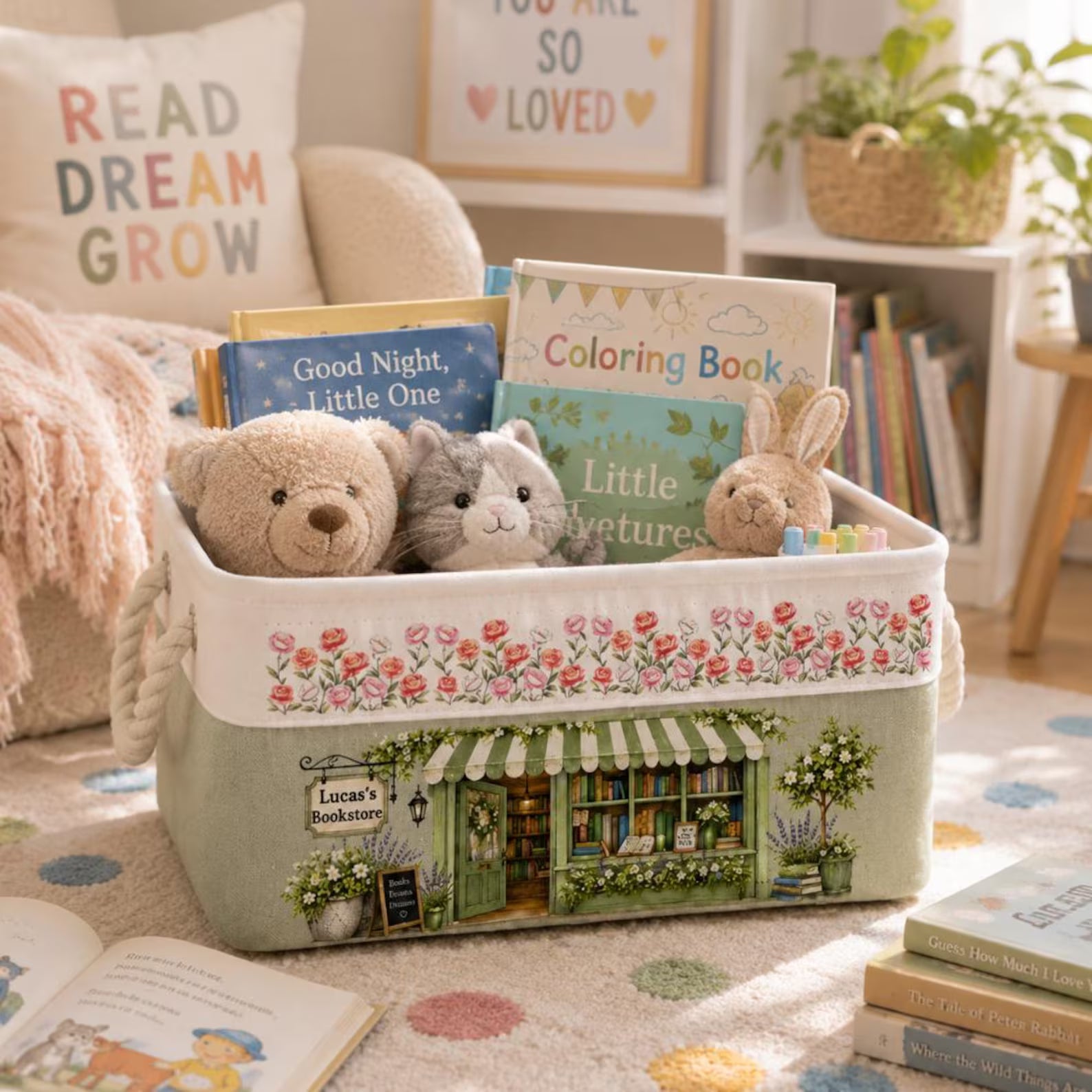 Personalized Book Storage Basket, Custom Book Lover Gift, Reading Corner Organizer, Bookworm Decor, Teacher Gift, Library Basket. BBPETAL8