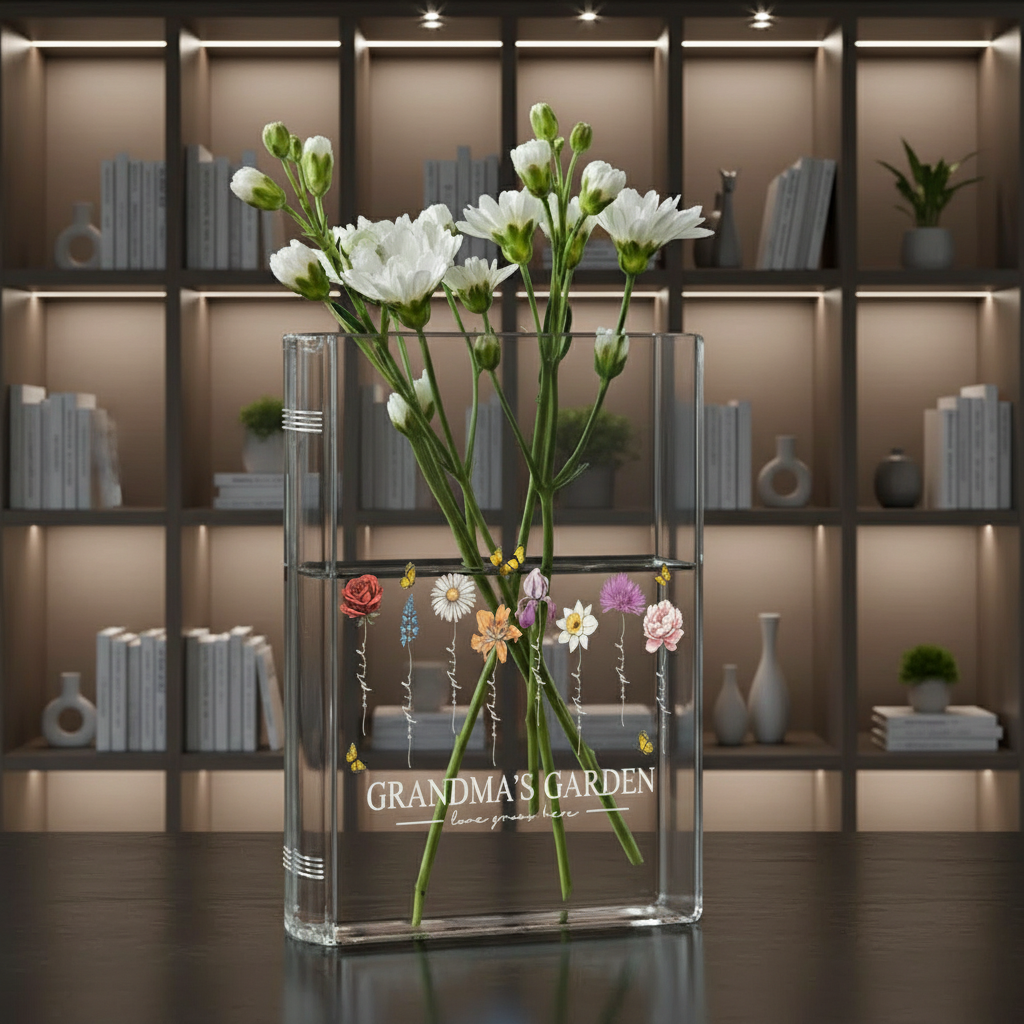 Grandma's Garden Birth Flower Book Vase – Personalized Floral Design Featuring Family Names and a Heartwarming Quote, Perfect Mother's Day Gift