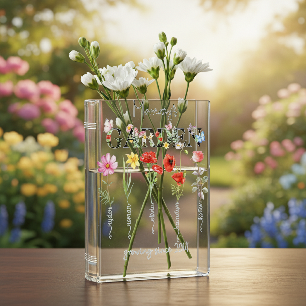 Book Shaped Acrylic Vase for Flowers, Personalized Birth Flower Vase for Mom Grandma, Custom Kids Name Clear Vase, Mothers Day Gift