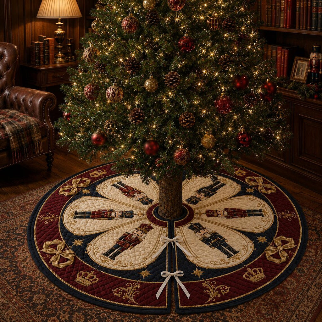 Nutcracker Christmas Tree Skirt, Quilted Holiday Tree Skirt, Royal Red Navy Gold Christmas Decor, Elegant Xmas Home Decor. CTSPETAL12