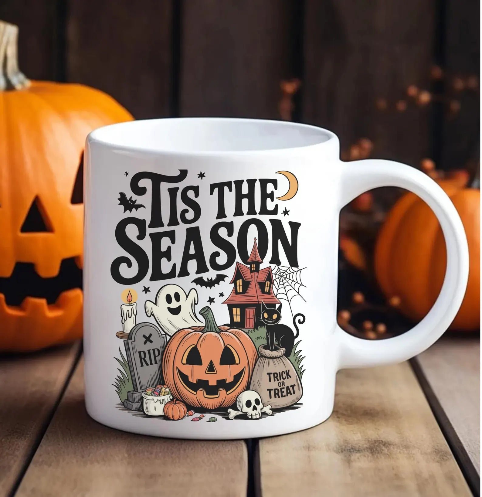 Tis The Season Halloween Mug, Spooky Ghost Pumpkin Coffee Cup, Cute Haunted House Mug, Cozy Fall Autumn Mug, Trick or Treat Gift. MPETAL5