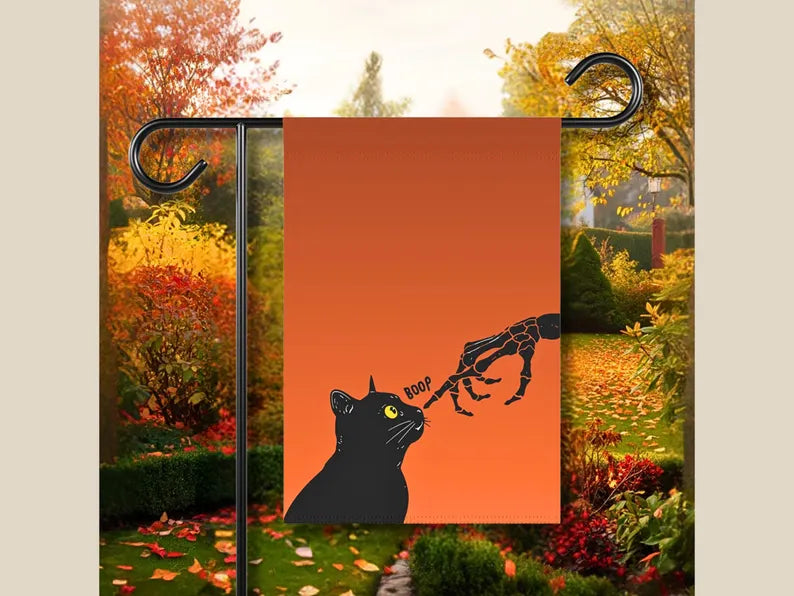 Black Cat Garden Flag Cute Halloween Porch Decor with Skeleton Hand Funny Boop Cat Gift Idea for Cat Lovers Outdoor Spooky Yard Banner. HLWGFPETAL16