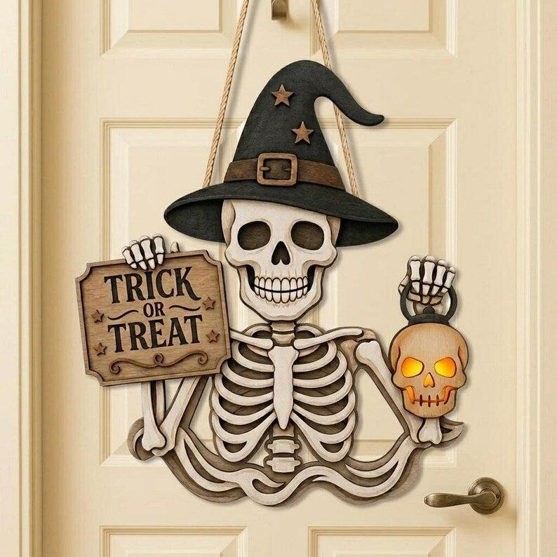 Skeleton Welcome Wooden Door Hanger, Trick or Treat Halloween 2D Flat Sign, Witch Hat Decor, Wooden Halloween Door Sign, Halloween Gift. HLWDHPETAL06