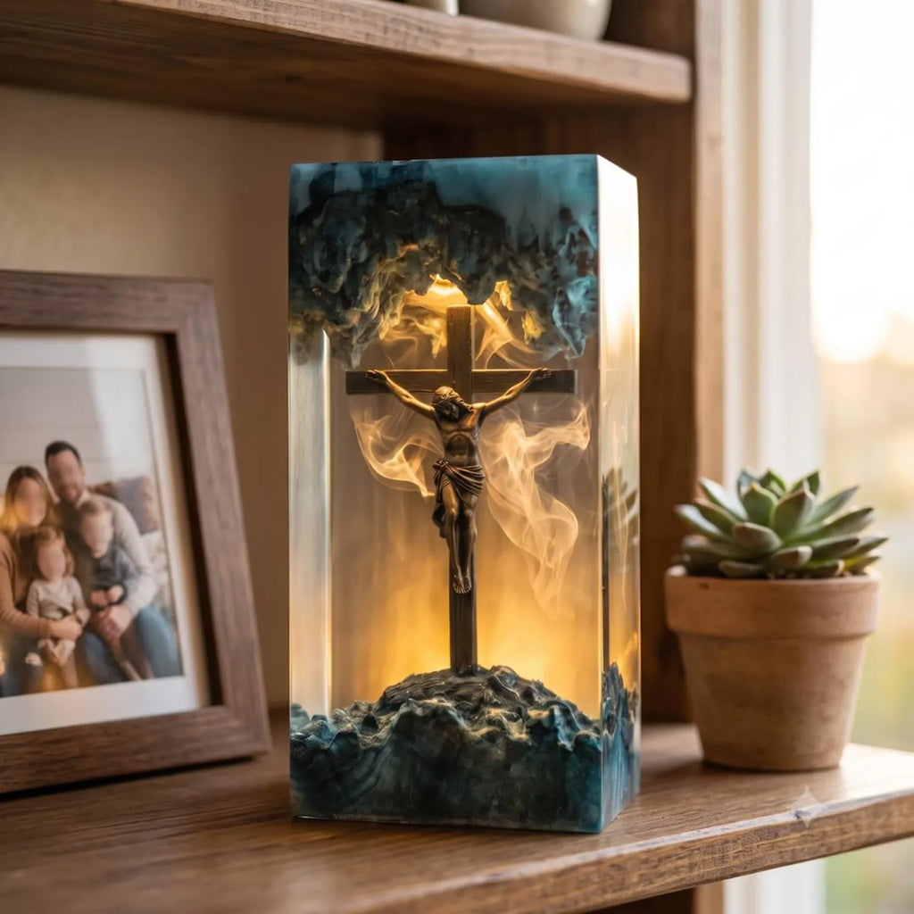 Jesus Crucifixion Resin Lamp, Christian Home Decor Night Light, Religious Easter Gift, Spiritual Wood Epoxy Lamp, Baptism Gift. RLPETAL21