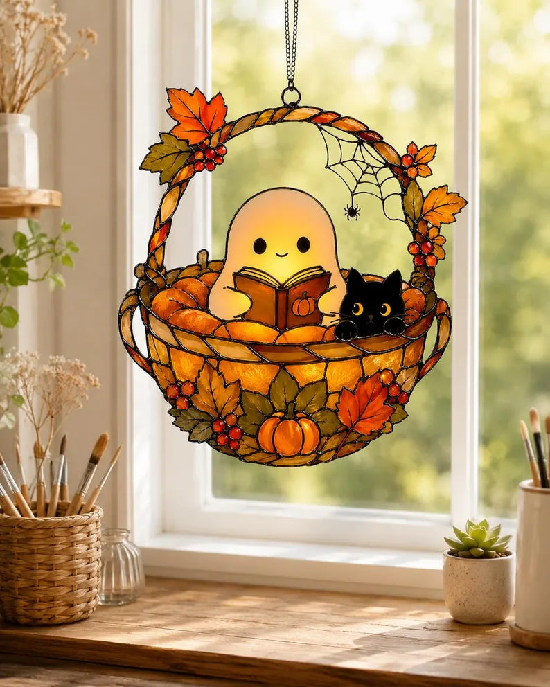 Ghost Reading Book Suncatcher, Ghost And Black Cat in Teacup Acrylic Suncatcher, Book Lover Gift, Ghost Reading Suncatcher Ornament. HSPETAL9