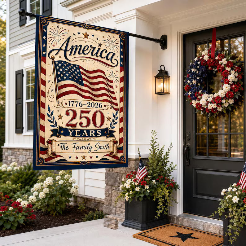Personalized America 250 Garden Flag, Custom Family Name Patriotic Yard Flag, 1776-2026 Fourth of July House Flag, USA Outdoor Decor Gift. GFPETAL09