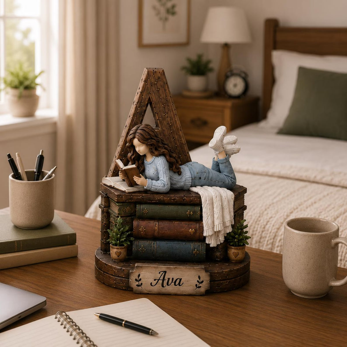 Personalized Wooden Book Lover Figurine, Custom Initial Letter & Name Block, Reader Shelf Decor, Library Decoration, Book Lover Gift. WBPETAL7