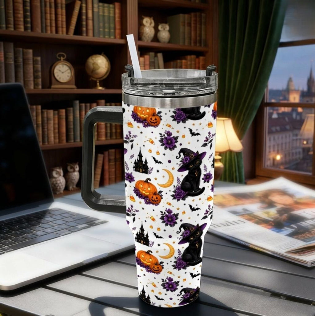 Cute Halloween Black Cat 40oz Tumbler with Handle, Witch Cat Pumpkin Bat Floral Stainless Steel Mug, Spooky Season Drinkware Gift. TBLPETAL2