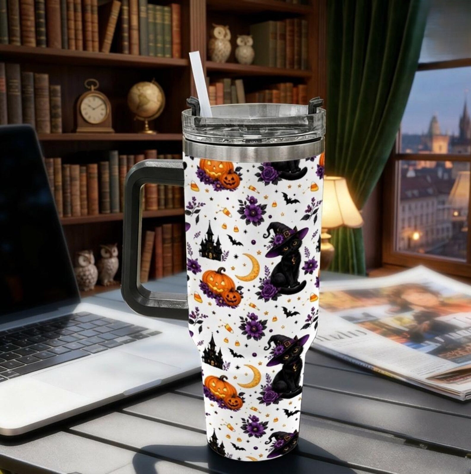 Cute Halloween Black Cat 40oz Tumbler with Handle, Witch Cat Pumpkin Bat Floral Stainless Steel Mug, Spooky Season Drinkware Gift. TBLPETAL2