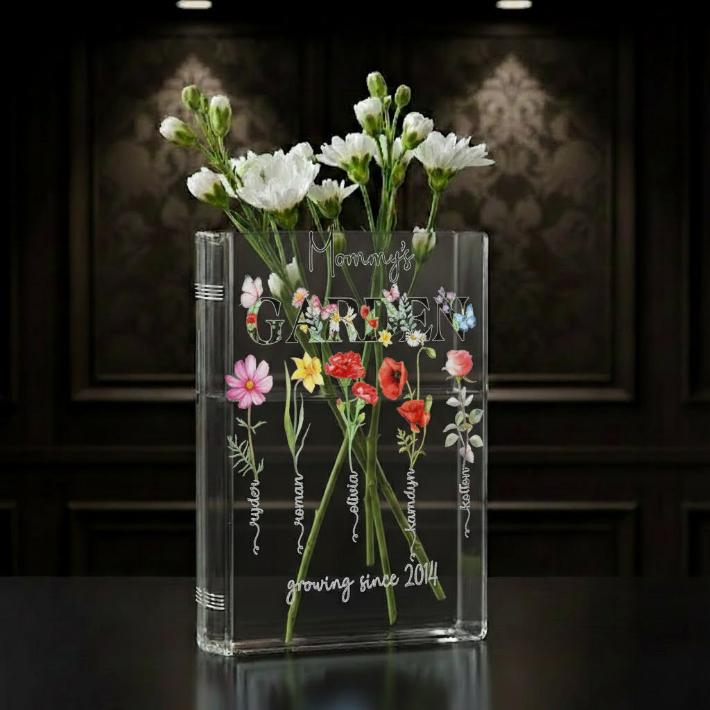 Book Shaped Acrylic Vase for Flowers, Personalized Birth Flower Vase for Mom Grandma, Custom Kids Name Clear Vase, Mothers Day Gift