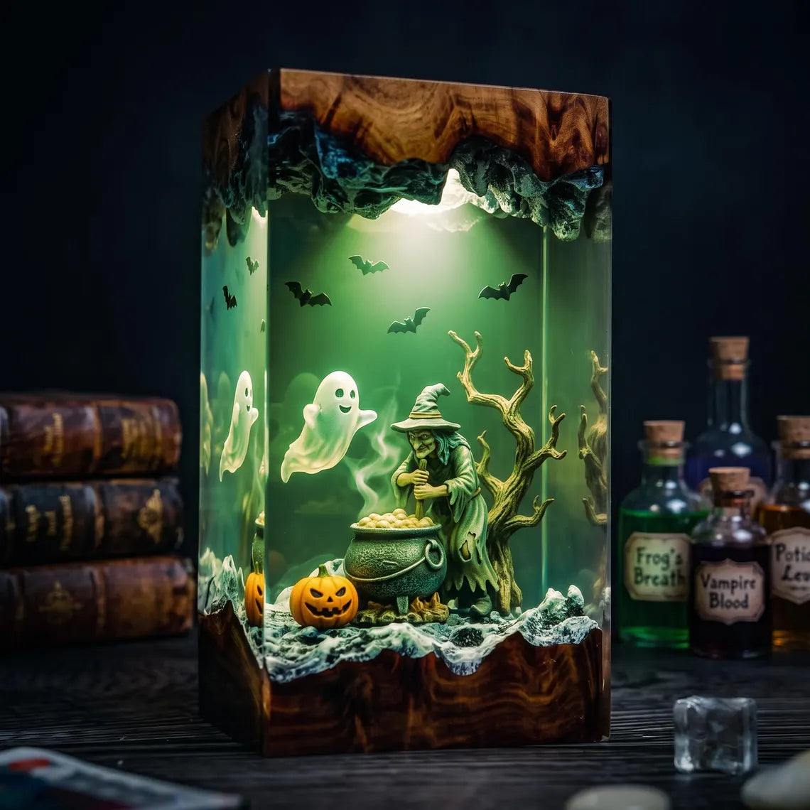Spooky Witch Cauldron Resin Lamp, Poison Brew Night Light, Jack O Lantern Pumpkins, Flying Vampire Bats, Handmade Epoxy Halloween Gift. RLPETAL07