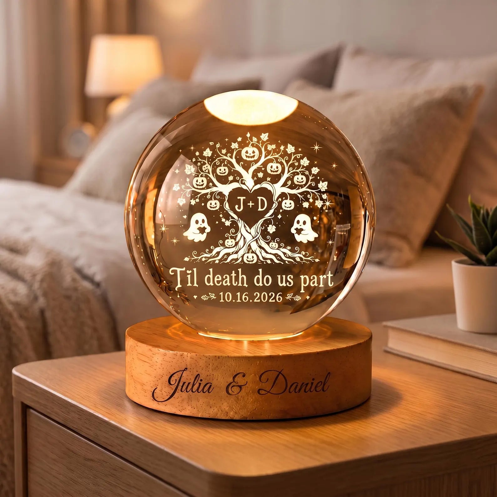 Custom Halloween Tree of Love Couple Crystal Ball Night Light, Wedding Gift for Couple, Spooky Couple LED Night Light, Halloween Home Decor. LEDPETAL6