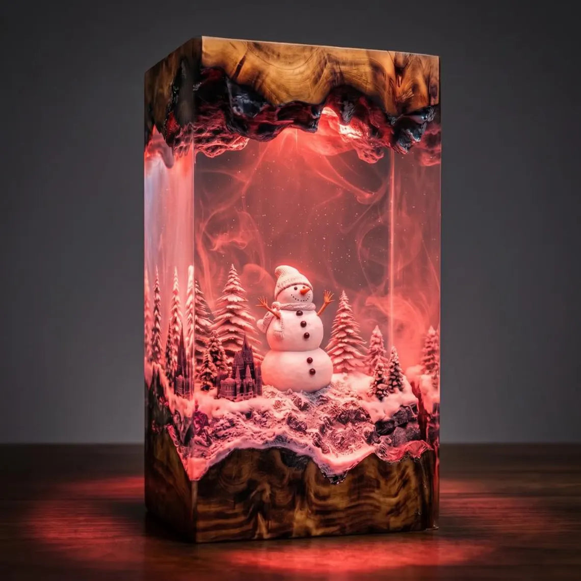 Snowman and Pine Forest Winter Diorama, Color Changing Epoxy Resin Wood Night Light. RLPETAL01