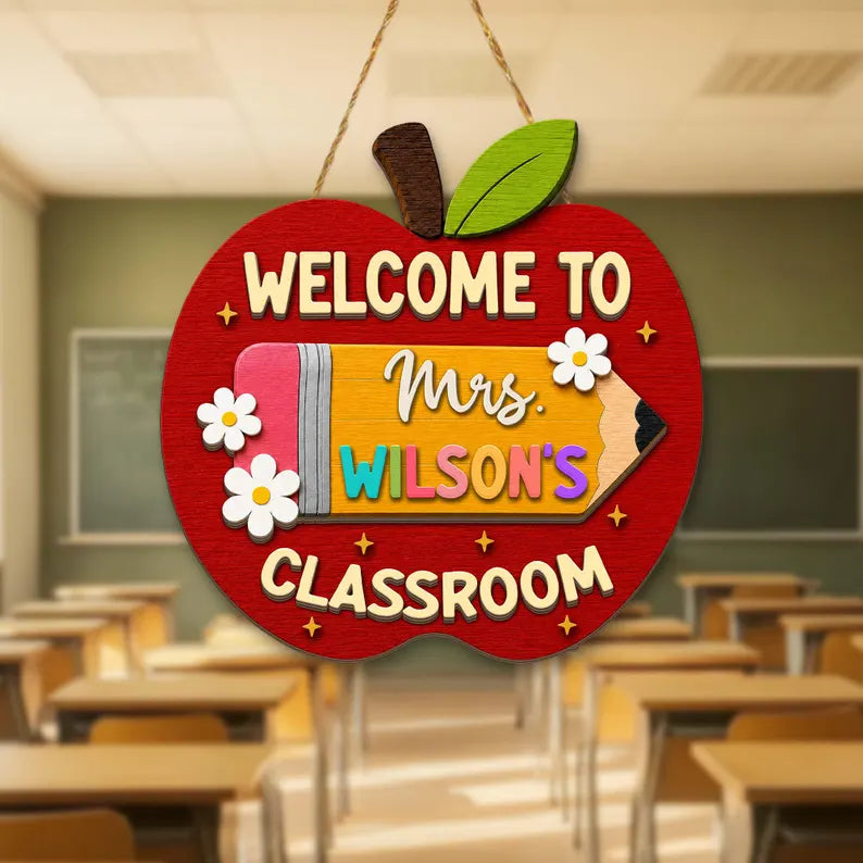 Personalized Apple Teacher Name Door Sign, Custom Welcome Door Hanger, Back to School 3D Wooden Classroom Decor, Teacher Appreciation Gifts. DHPETAL08