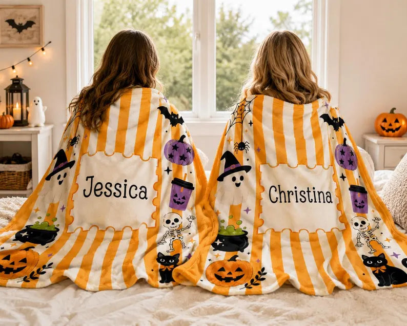 Personalized Halloween Stripe Plush Blanket For Kid, Cute Ghost Pumpkin Cat Bat Skeleton Blanket, Halloween Name Blanket, Kid Halloween Gift. BLKPETAL2