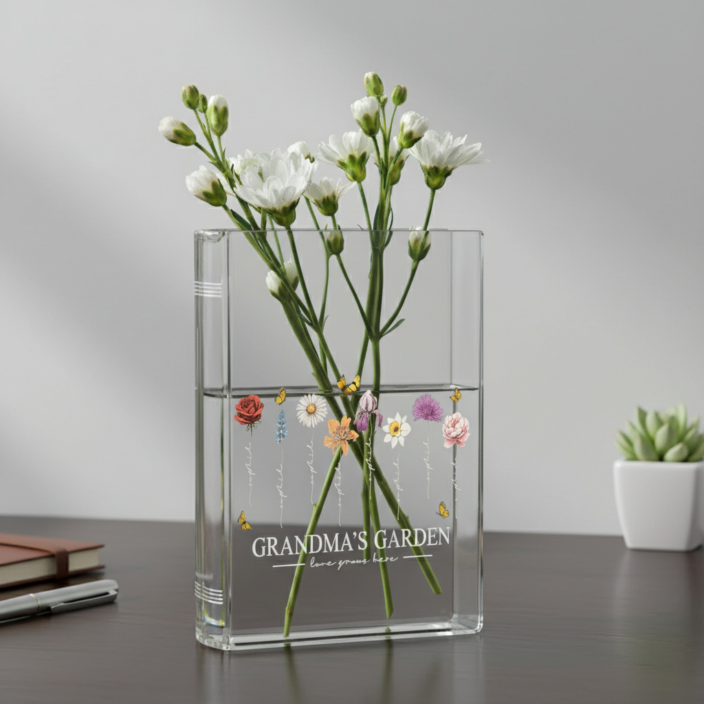 Grandma's Garden Birth Flower Book Vase – Personalized Floral Design Featuring Family Names and a Heartwarming Quote, Perfect Mother's Day Gift