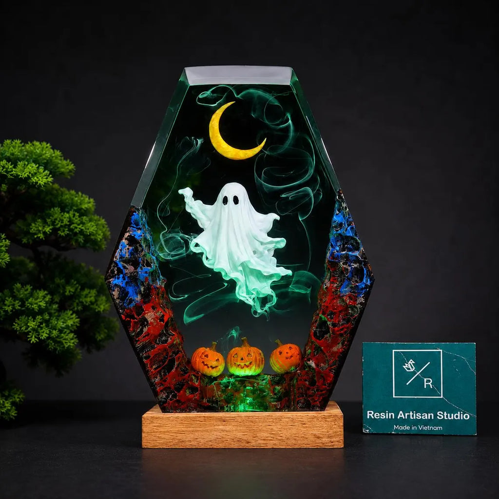Halloween Ghost Resin Lamp, Spooky Pumpkin Night Light, Crescent Moon Decor, Handmade Halloween Gift, Gothic Desk Lamp. RLPETAL09