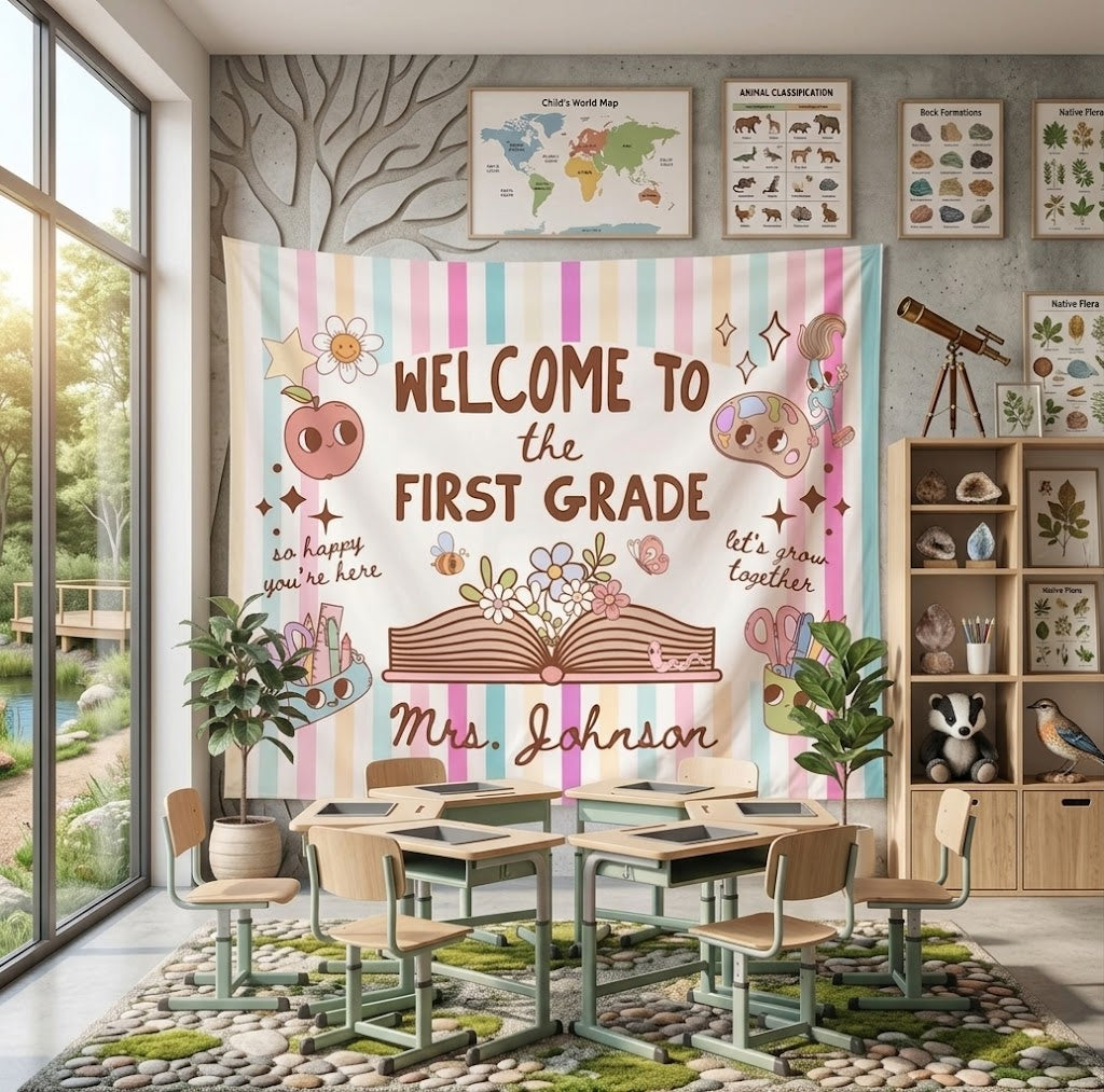 Custom First Grade Classroom Poster or Banner, Retro Classroom Decor, Elementary Teacher Pastel Wall Art, Back to School. CBPETAL11