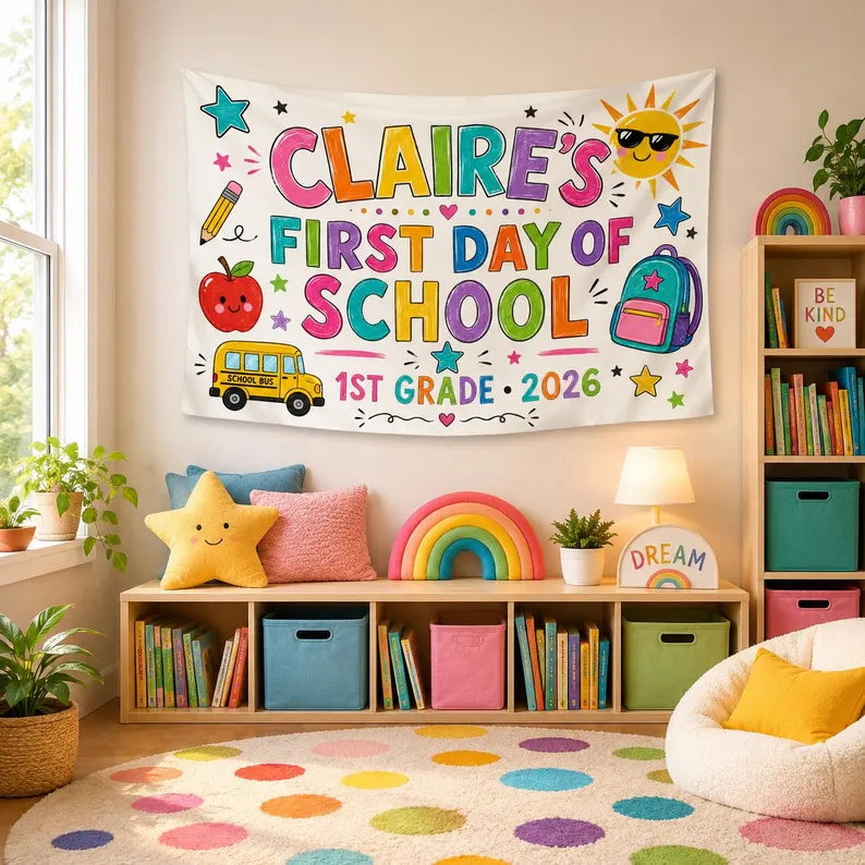 Custom First Day of School Banner, Personalized Kid Name Grade Backdrop, Back to School Photo Sign, Classroom Decor Gift 2026. CBPETAL05
