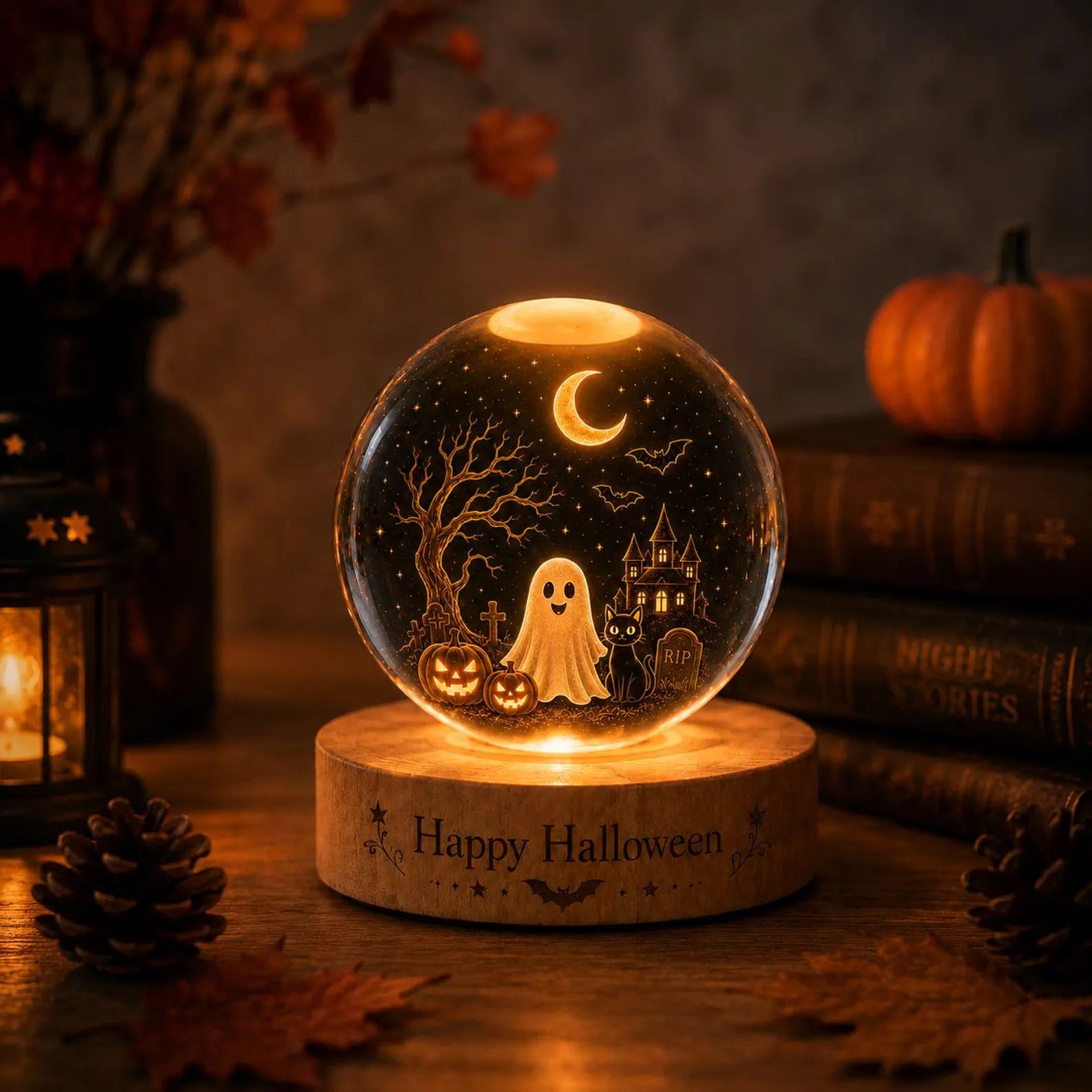Halloween Crystal Ball LED Night Light Ghost Pumpkin Moon Glass Sphere Lamp Spooky Fall Decor Gift for Home Bedroom Desk. LEDPETAL5