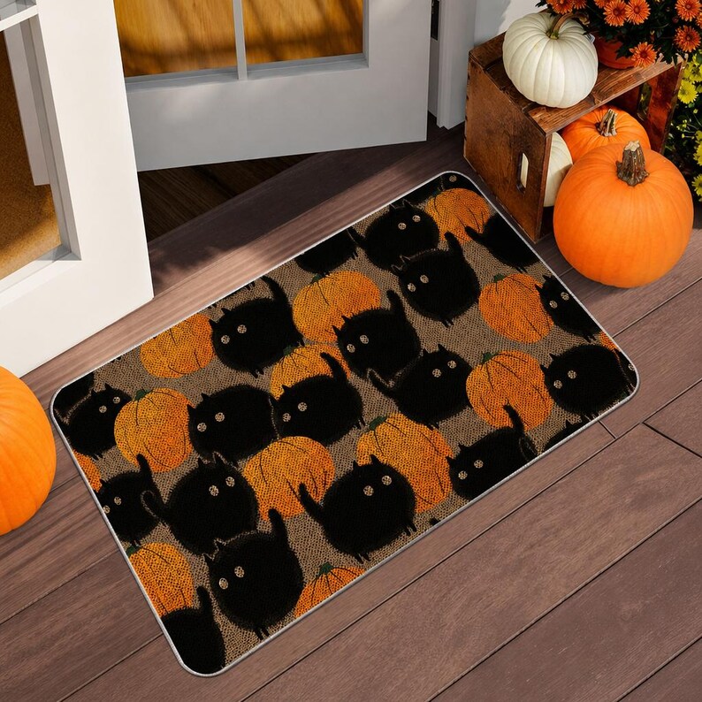 Halloween Doormat Black Cat Pumpkin, Spooky Welcome Mat, Witch Decor, Front Door Rug Gift. DMPETAL17