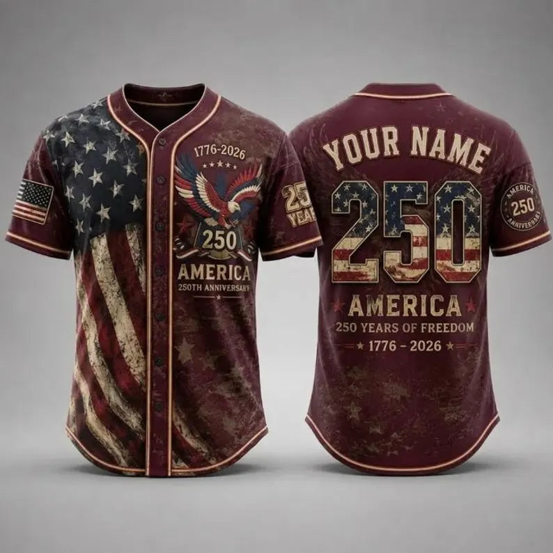 America 250th Anniversary Baseball Jersey, Custom Name USA Jersey, 1776–2026 Patriotic Baseball Shirt, Fourth of July Freedom Jersey. BJPETAL09