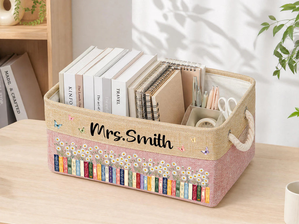 Custom Birth Flower & Name Book Basket For Her, Wife, Daughter, Sister, Coworker, Personalized Storage Basket, Book Lover Gift. BBPETAL2
