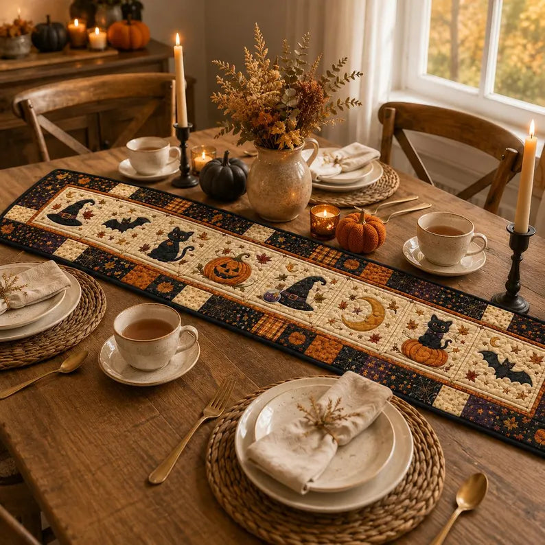 Halloween Quilted Table Runner: Black Cat, Pumpkin and Witch Patchwork October Dinners Decor, Winter Fall Spooky Table Linen. QTRPETAL13