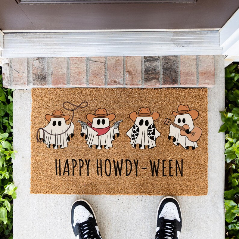 Halloween Cowboy Ghost Doormat, Happy Howdy-Ween Doormat, Fun Decorative Welcome Mat for Spooky Season, Cowboy Ghost Themed Home Decor. DMPETAL21
