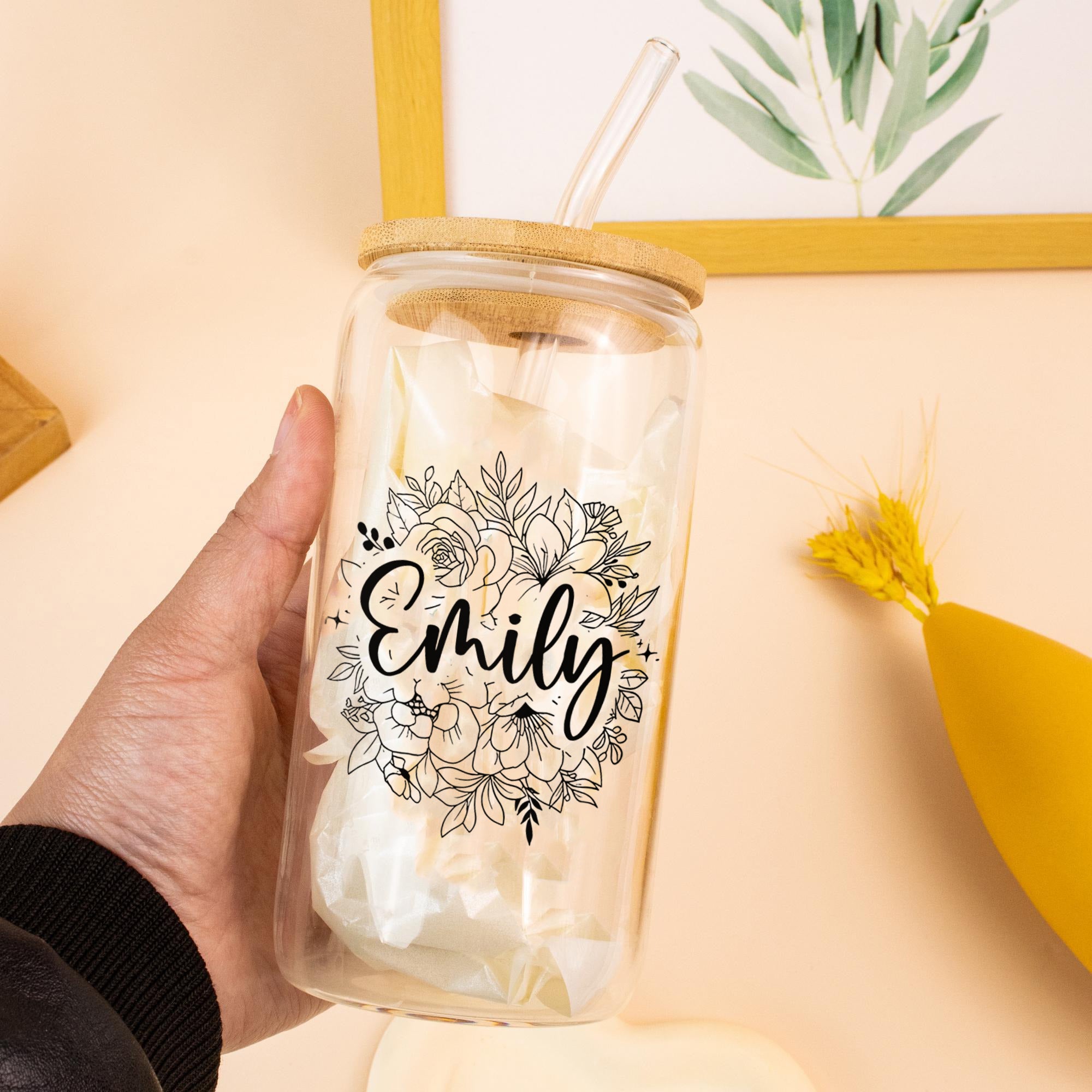 Personalized Flowers With Name Glass Can, Floral Tumbler with Lid and Straw, Birth Flower Glass Coffee Cup, Mother's Day Gifts for Her, Bridesmaid Proposal, Party Favor