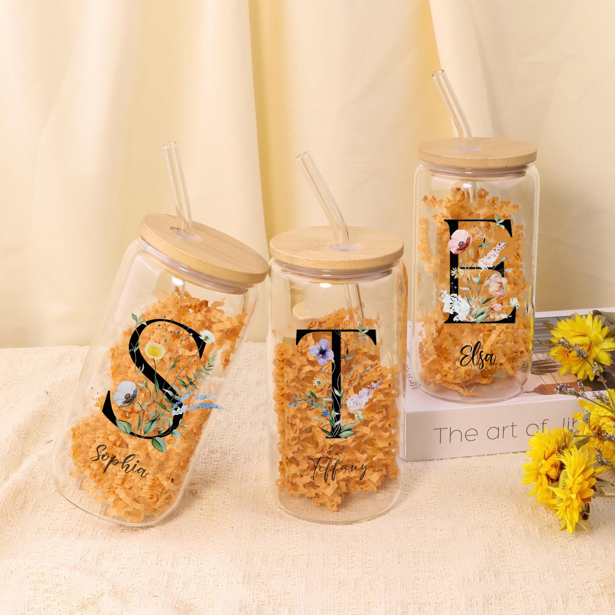 Personalized Flower Alphabet Glass Cup with Bamboo Lid and Straw, Custom Initial and Name Iced Coffee Tumbler, Floral Monogram Gift for Her
